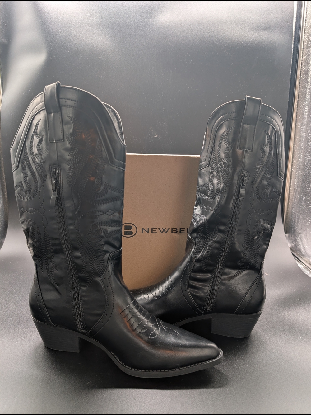 Newbell Black Women's Western Zip Mid-Calf Heeled Boots